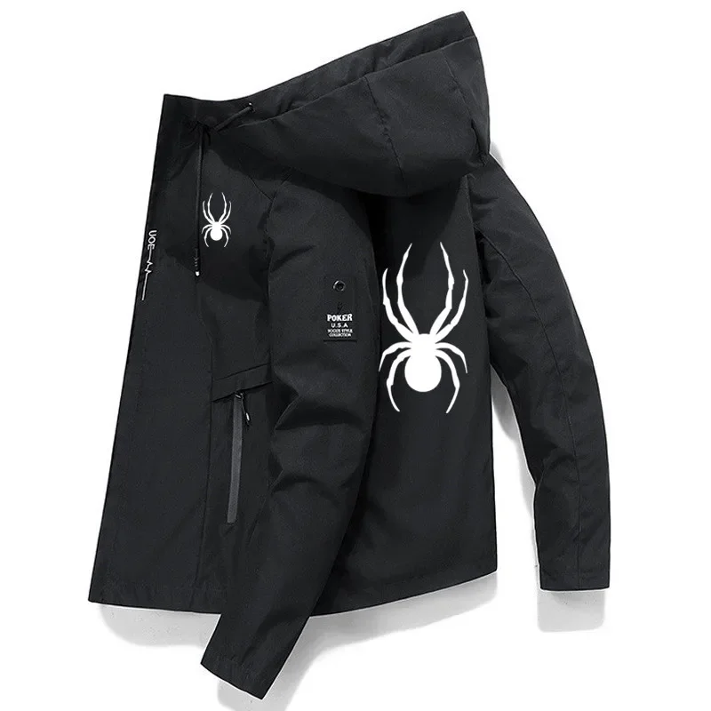 2026 Spring Autumn Men Printed Zipper Hooded Jacket, Windproof Outdoor Fishing Hiking Casual Sport Outerwear