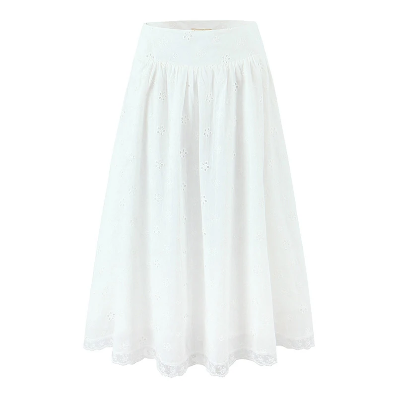 

New Women Hollow Out Embroidery Floral White Skirt Vintage High Waist Big Swing A-line Midi Holiday Summer Skirts Cotton