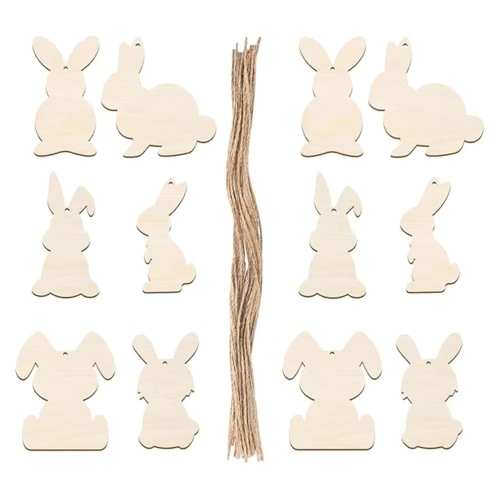 12Pcs Easter Eggs Easter Wooden Bunny Pendants DIY Painting Crafts Wooden Unfinished Wooden Slices Handmade with Rope