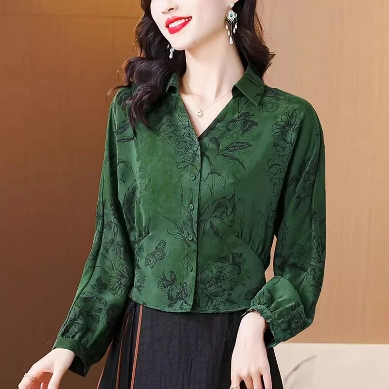 

Chinese Style Shirt Spring Autumn Mulberry Silk Retro Printed Top Temperament Single Breasted Women's Clothing w1784