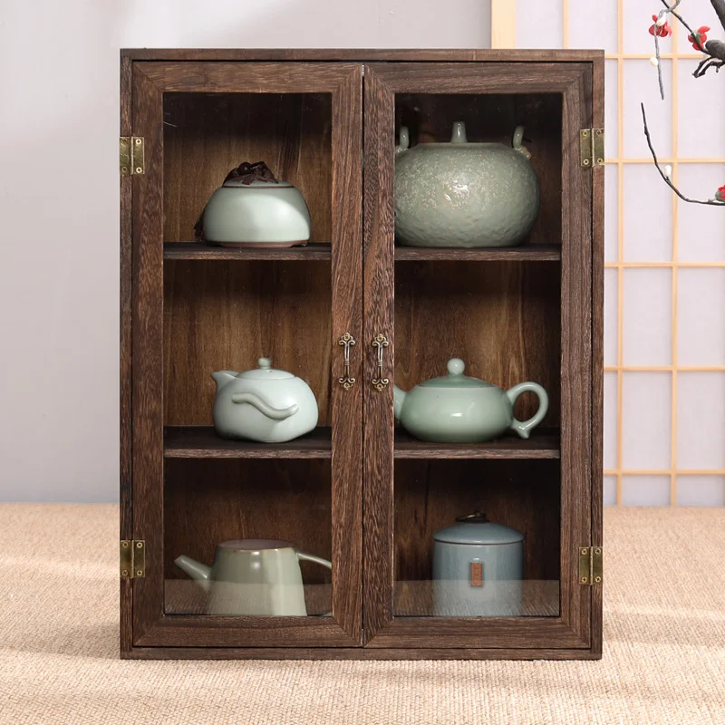 Solid Wood Tea Cabinet, Dustproof Tea Cup Holder, Table Top Teapot Stand - Perfect for Home Organizer, Crystal Wine Stopper