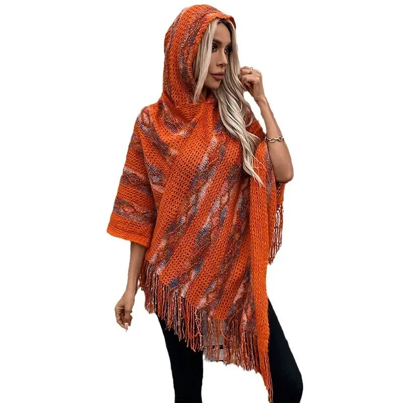 

2024 New Color Striped Hooded Knitted Fringe Cape Shawl Women's Loose Pullover Sweater