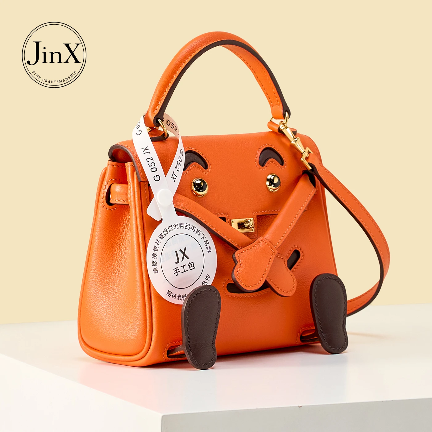 Women’s Handmade Genuine Leather Doll Handbag, Cartoon Applique Lock Top Handle Crossbody Bag
