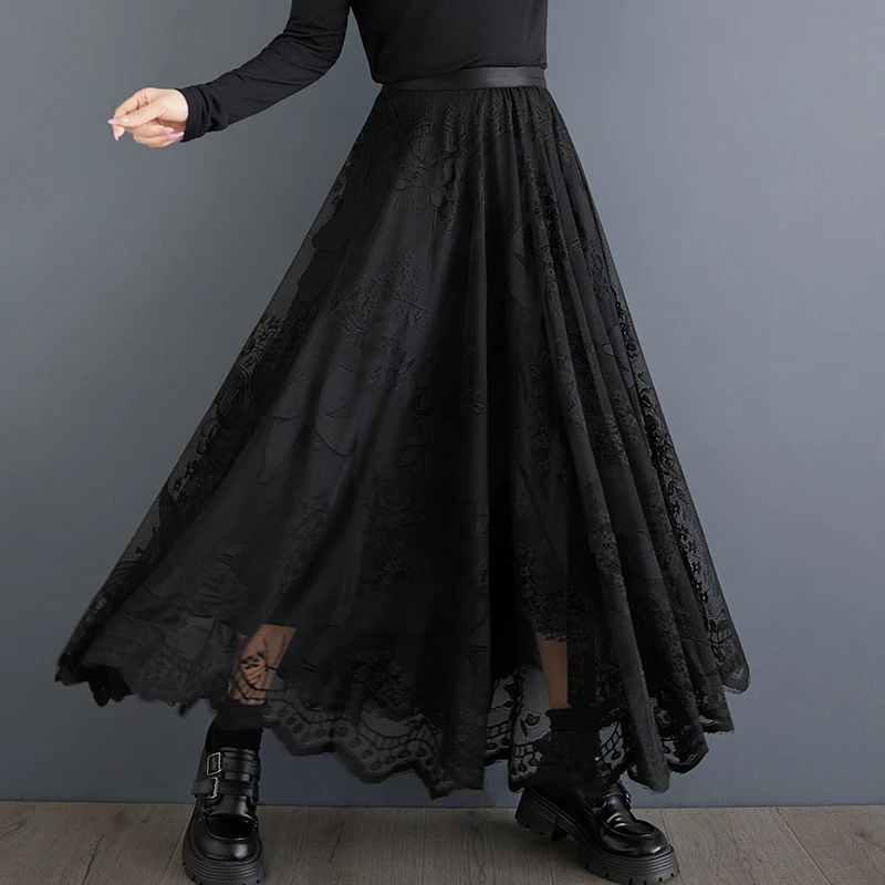 Gonna in pizzo Bla a vita alta Primavera Autunno Nuovo design scavato Sle Gonna lunga a trapezio in fibra di poliestere di buona qualità