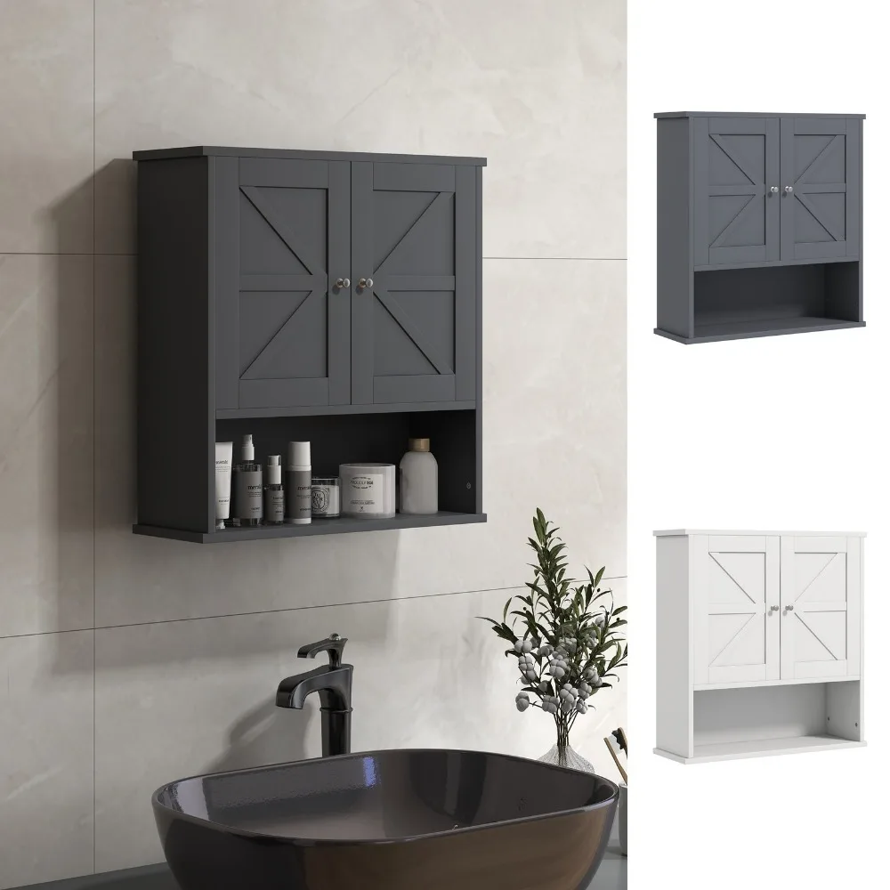 

Навесной шкафчик для ванной комнаты в стиле фермерского дома, с открытой полкой