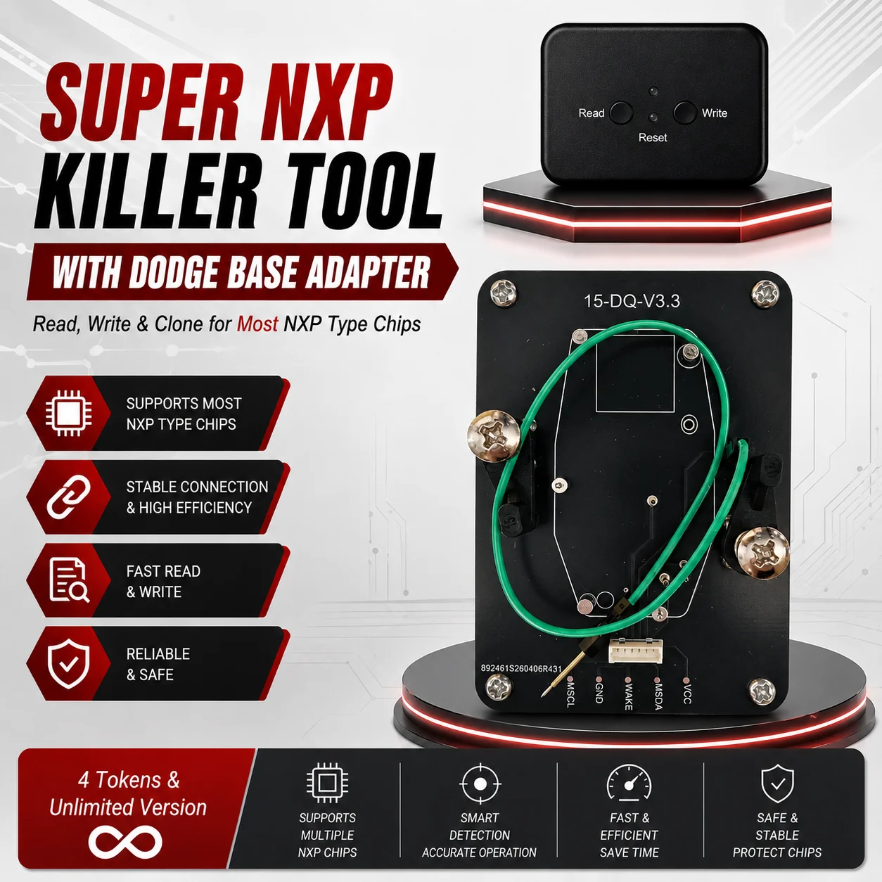 Dispositivo Super NXP Killer Read Copy con base adaptadora para clonar todas las llaves inteligentes NXP de Dodge, 4 tokens y versión ilimitada.