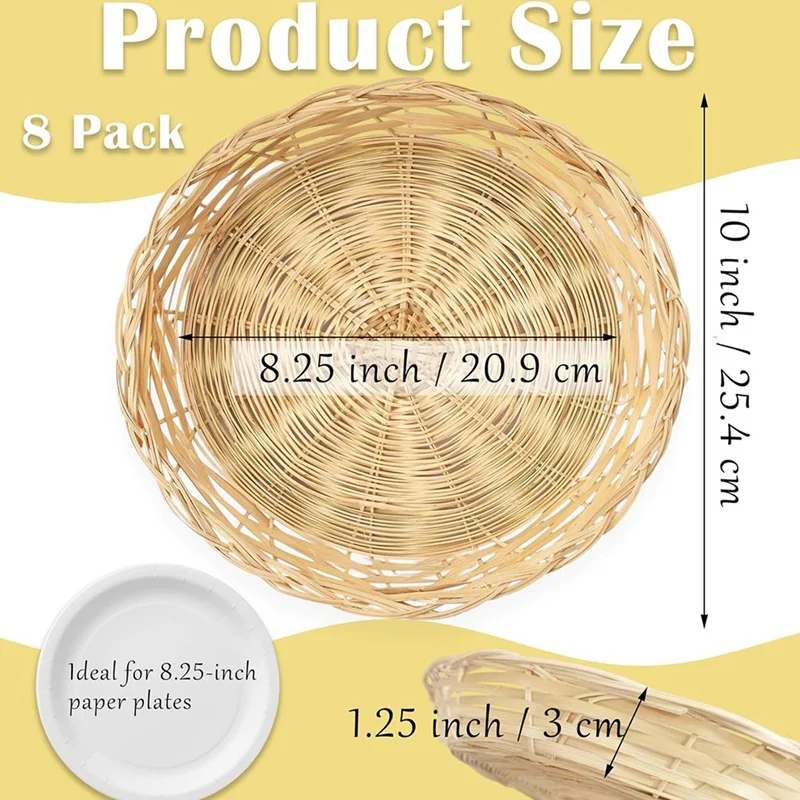 8 Pack Bamboo Paper Plate Holders, 10 Inches Reusable For Dinner Plates Hand Woven Wicker Paper Plate Baskets