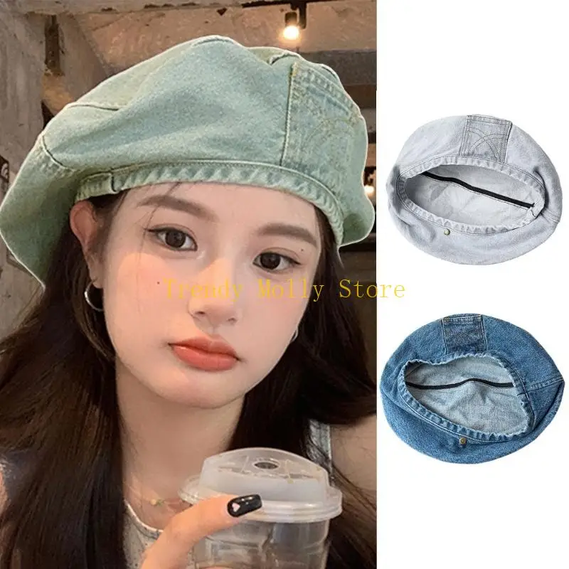 N5KB Fashion Sun Hat Teens Girls Denims قبعة بيريه قبعة ناعمة مقاومة للرياح غطاء الرأس