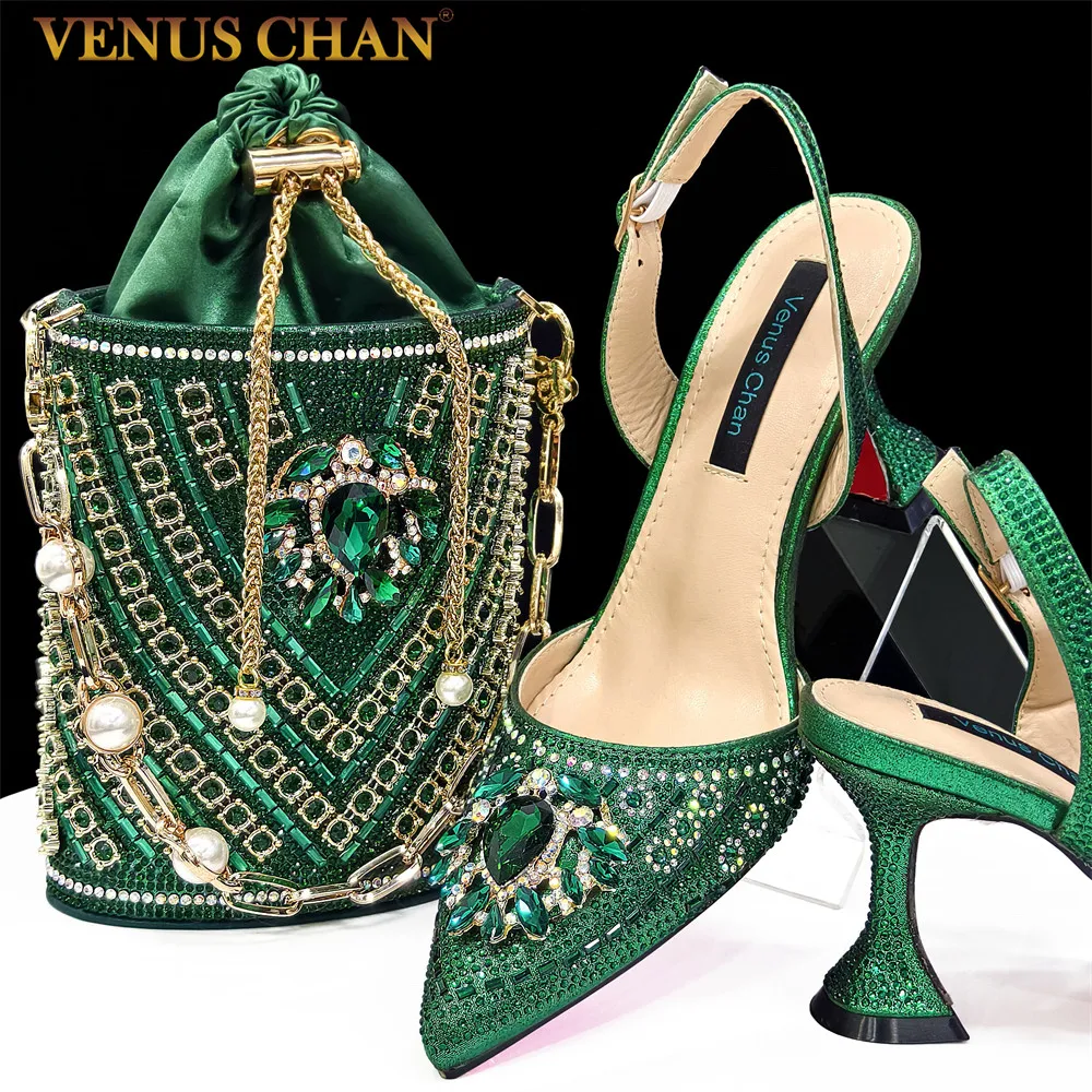 Venus Chan- Green Color High Heels for Ladies Popular Design African Ladies Shoes and Bag Set INS Style Elegant 2024 Newest