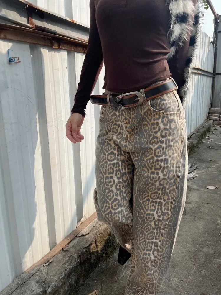 Deeptown Vintage Leopard Print Jeans Women Hip Hop Y2k Streetwear Denim Baggy Trousers Grunge Wide Leg Aesthetic Jeans Oversized