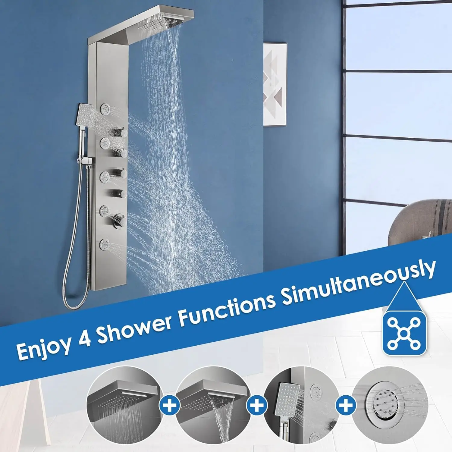 Shower Panel Tower with Rainfall Waterfall Shower Head 5 Body Jets and 3-Function Handheld High Pressure Rain Massage System