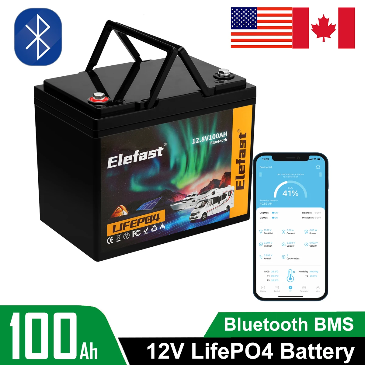 

100Ah Lithium Battery 12V LiFePO4 Battery with Free Bluetooth APP, Deep Cycle Battery for RV Camper Marine Kayak Boat Trolling