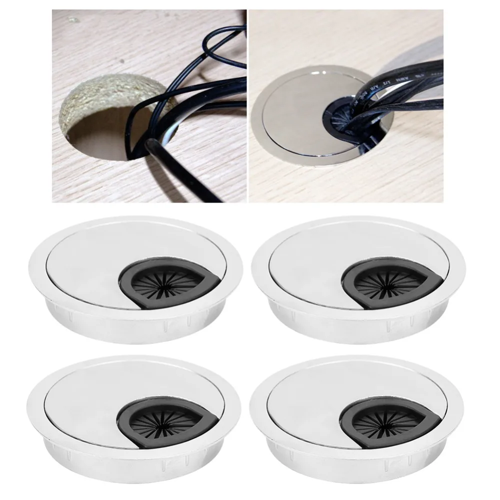 4pcs Durable 60mm Diameter Desk Grommet Zinc Alloy Round Cable Hole Cover Wire Cord Organizer PC Desk