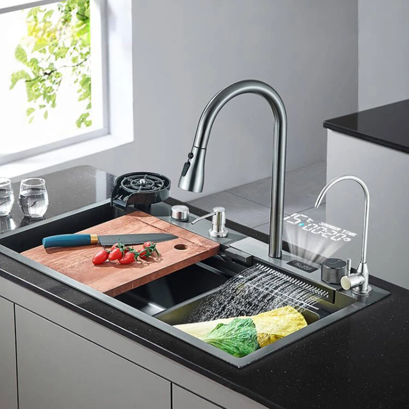 

Waterfall Kitchen Sink 304 Stainless Steel Sink Large Single Basin with Multifunction LED Waterfall Faucet Above Counter