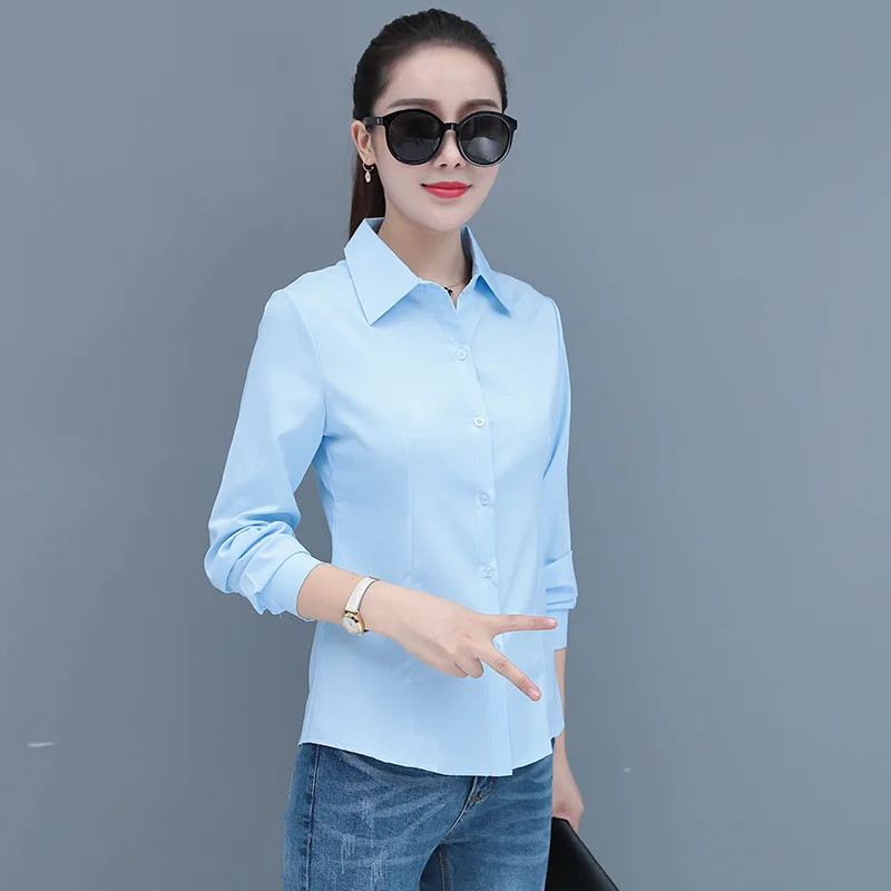 Korean Fashion Blue Women\'s Shirt Long Sleeve Blouse Formal Shirt Slim Female Working Clothes Elegant Ladies Tos Basic OL Blouse