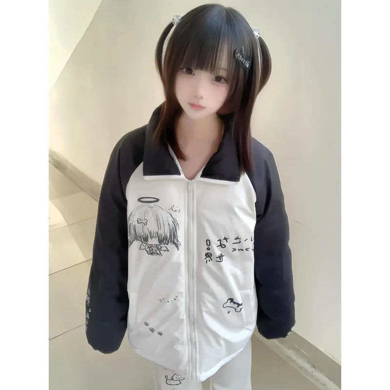 Japanese Subculture Cartoon Printed Coats Winter New Y2k Black White Patchwork Design Jacket Women's Casual Kawaii Clothing