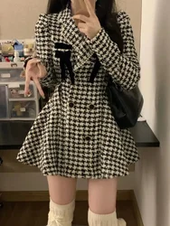 Vintage Bow Houndstooth Dresses 2024 Autumn Slim Waist A-line Dress for Women Y2k E-Girl Notched Collar Vestidos Mujer