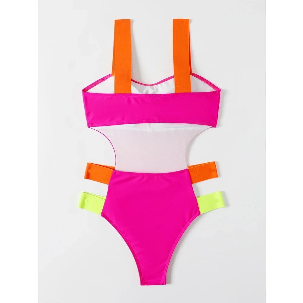 Color Block One-piece Swimsuit 2023 Women Neon Bandage Bikini High Waist Hollow Out Swimwear Rose Red Slim Backless Monokini