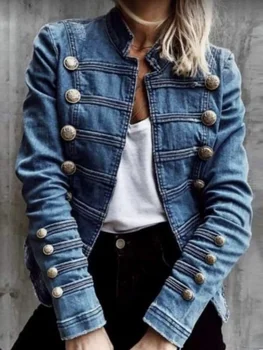 Damen Vintage Pendler Jeansjacke Slim Fit Zweireiher Elegant All-Match Herbstmode Europäischer und amerikanischer Stil