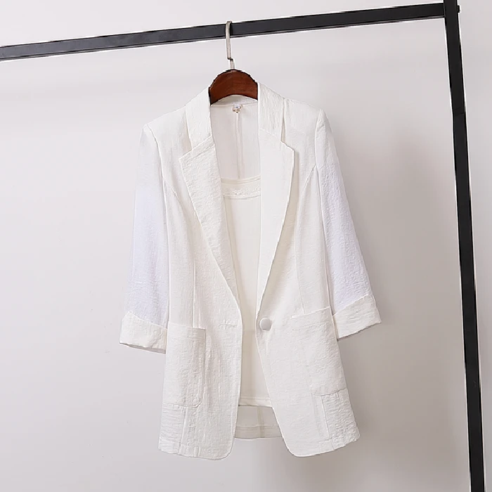 Cotton Hemp Thin Blazer Coat 2021 Women's Autumn Korean Casual Slim Half Sleeve Jacket Loose Sunscreen Coat Lapel Outerwear