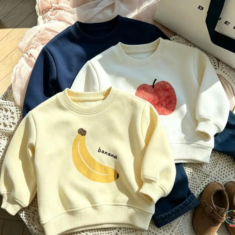 Casual Loose Sweatshirts New Design Spring Autumn Wear Child Round Neck Pullovers Long-sleeved Tops Apple Banana Print Hoodie