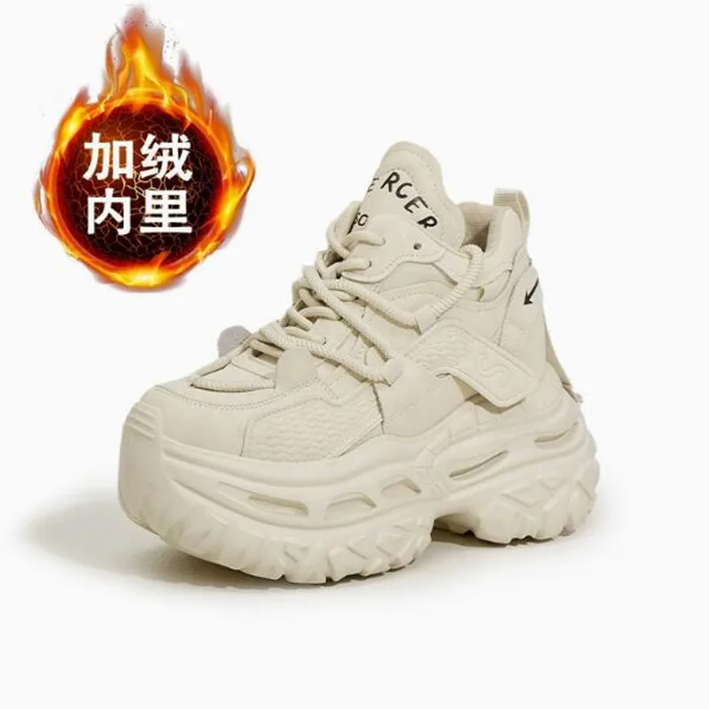 

2026 Women's Autumn Winter Thickened Sole Fleece Lined Casual Sporty Dad Shoes Trendy Flat Footwear Comfortable Slip-On Sneakers