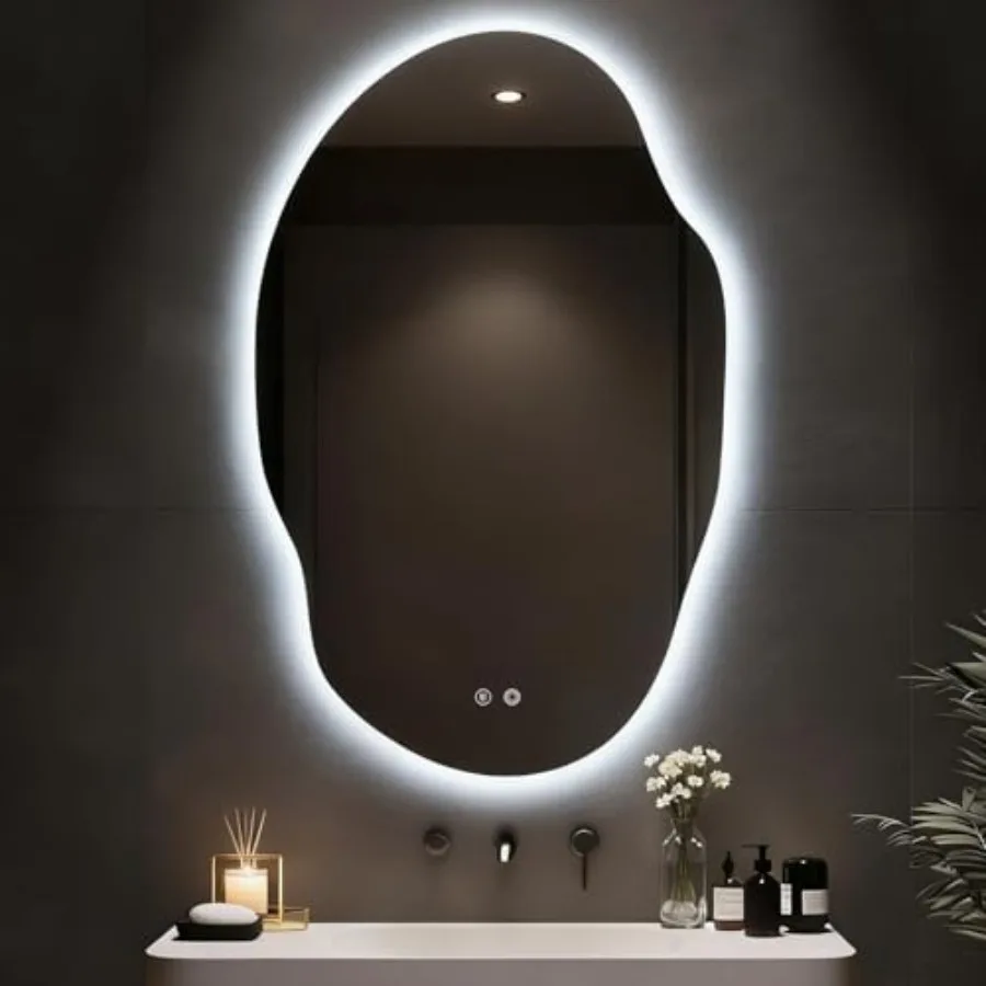 

Asymmetrical Bathroom Mirror with Lights, LED Bathroom Vanity Mirror with Backlit, Anti-Fog, 3 Colors and Dimmable Light with M