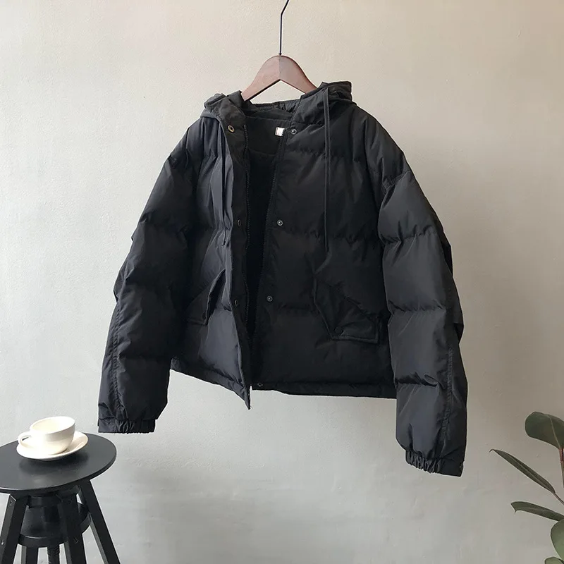 Hooded Cotton Padded Jacket Woman Winter Overcoat Female Basic Korean Style Black Hooded Women's Puffer Jacket  Padded Coats New