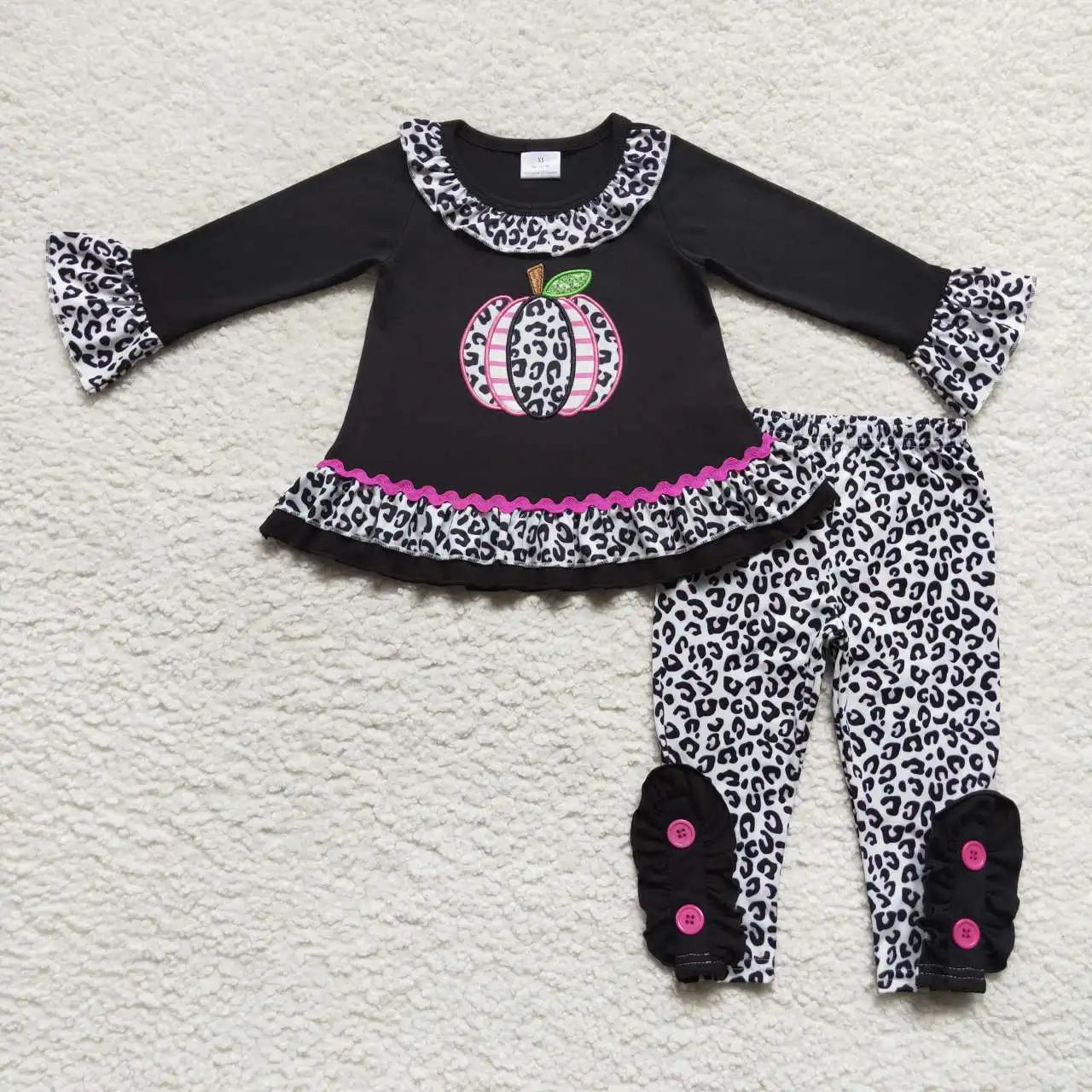 

Wholesale Baby Girl Embroidery Pumpkin Tunic Leopard Ruffle Pants Infant Children Black Set Kids Toddler Thanksgiving Outfit