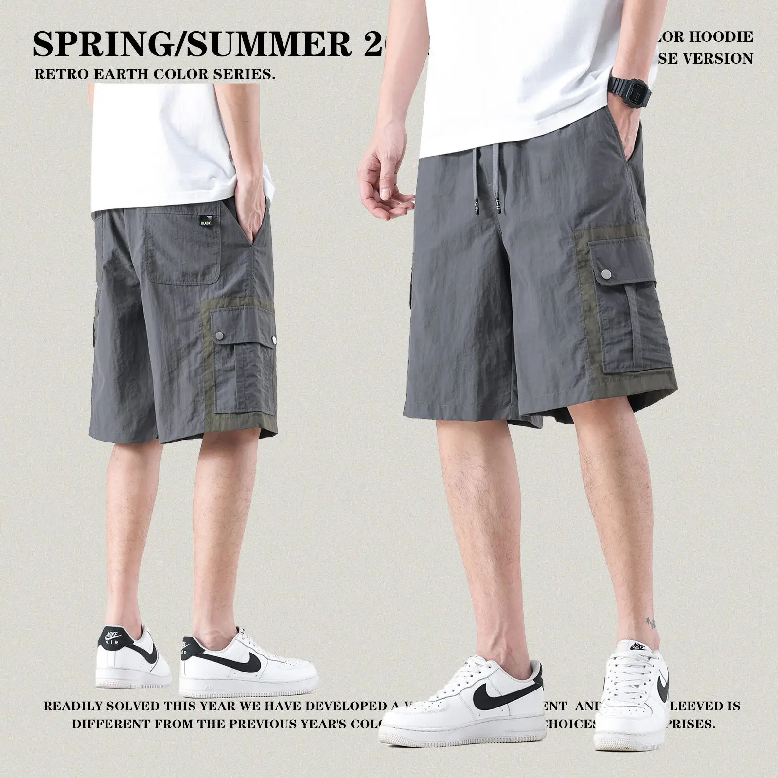 

2023summer large pocket cargo shorts men Hong Kong students handsome straight pants Korean loose casual pants five quarter pants