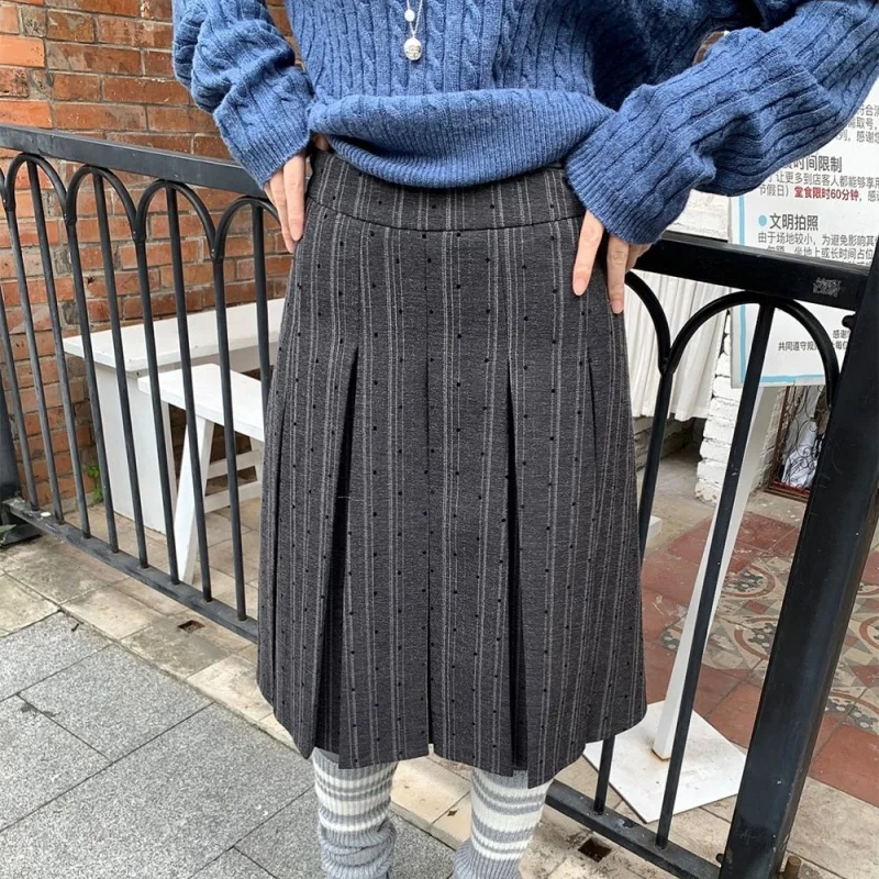 

New Fashion Polka Dot Pleated Skirt Women Spring Autumn Retro High Waist A-line Midi Skirts Grey Casual Preppy Jupe