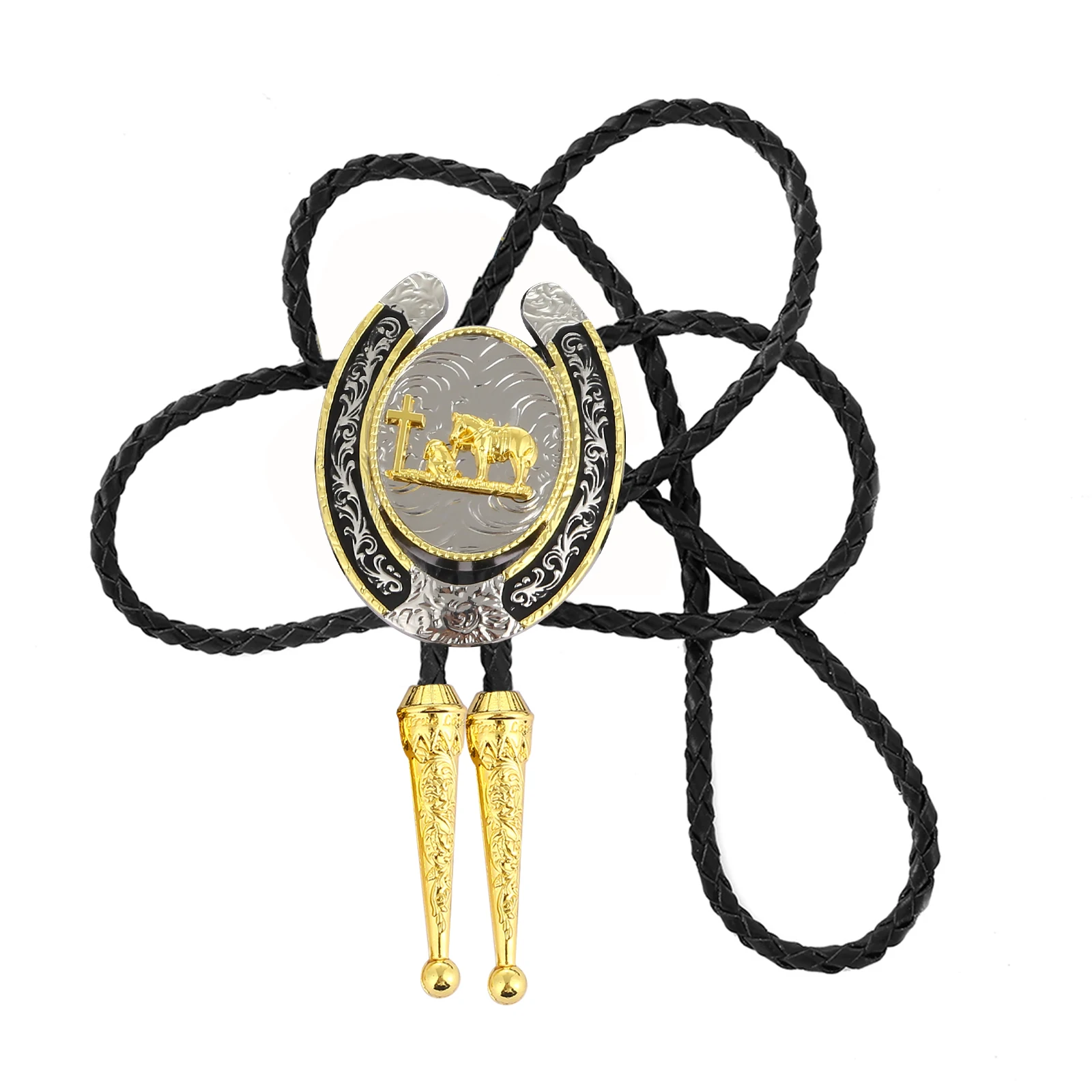 Naturel Stone Gold U Shape Horse Prayer Bolo Tie For Man Indian Cowboy Western Cowgirl Leather Rope Zinc Alloy Necktie