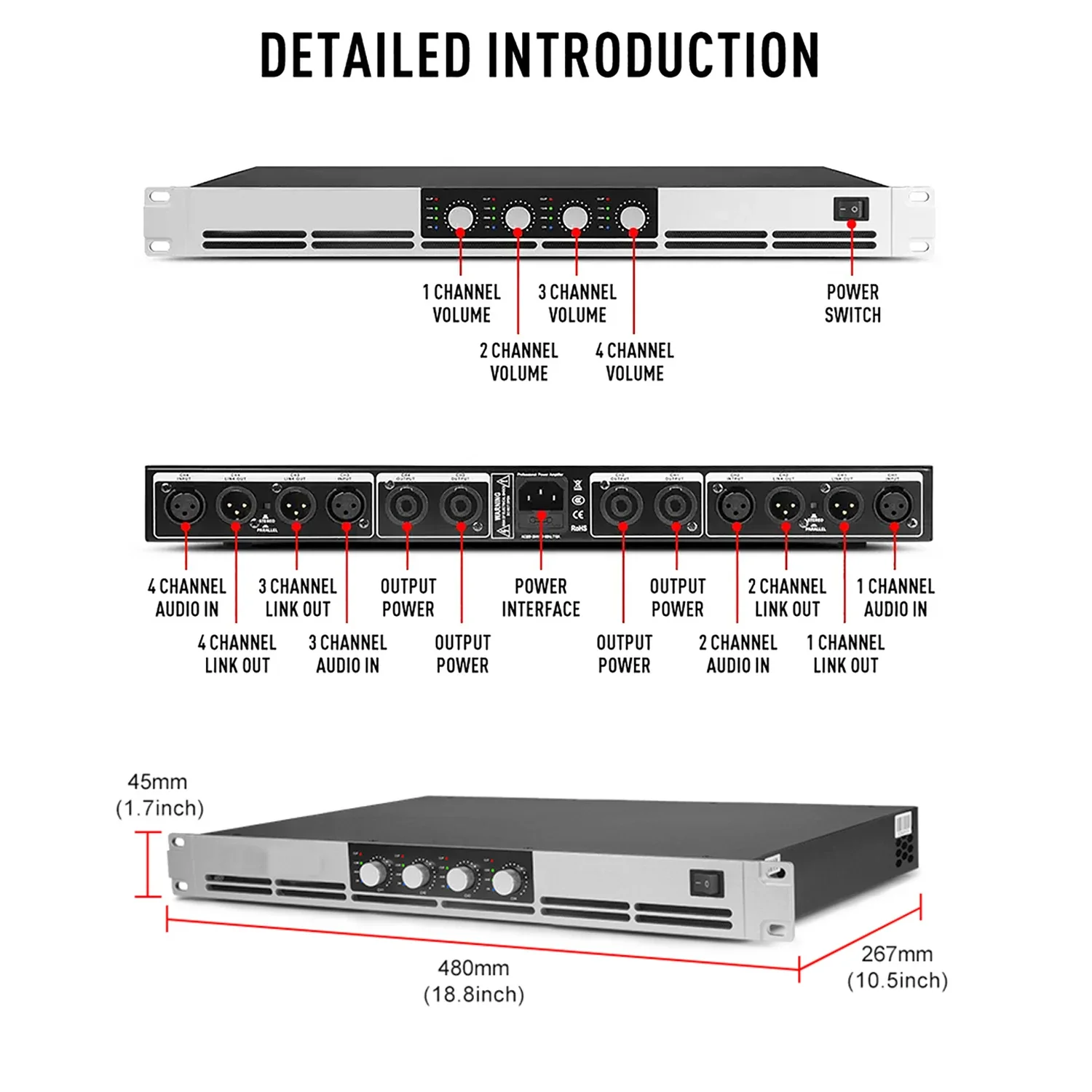 เครื่องขยายเสียงดิจิตอลระดับมืออาชีพ 4 แชนแนล 1500 วัตต์ คลาส D สำหรับงานดีเจ ระบบเสียง วิดีโอ และแสงสว่างระดับมืออาชีพ