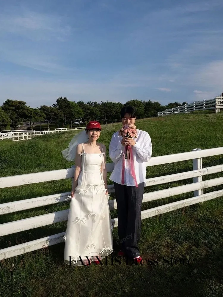 LAYXHS ファッションスパゲッティストラップのウェディングドレスチュールロングリボン A ラインブライダルガウンカスタマイズされたローブデマリー