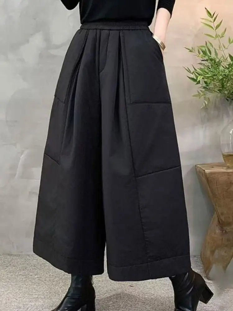 Fashion elastic waist design sense splicing wide-leg pants women's 2025 autumn and winter large size loose and thin casual pants
