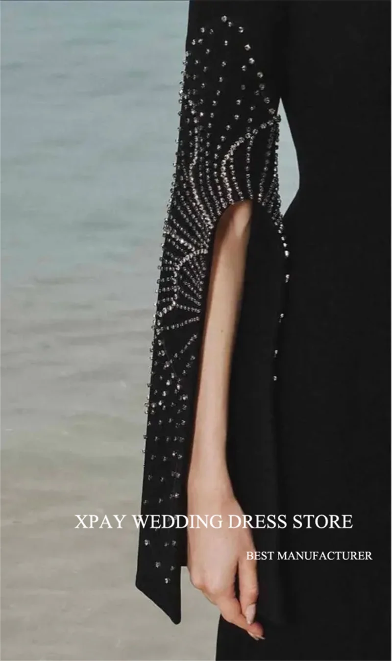 XPAY Modern Black Evening Dresses Dubai Arabic Women Jewel Neck Handmade Beads Cut-Out Long Sleeves Formal Dress Party Wedding