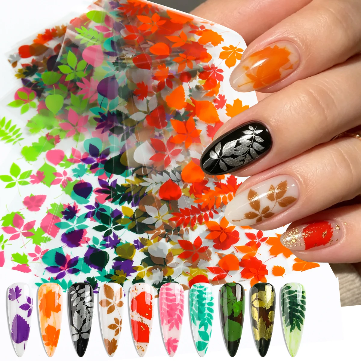 Autumn-Themed colorful Leaf Nail Transfer stickers, 10-Pack, Featuring Yellow and Orange maple leaf Designs, Nail Decorations.