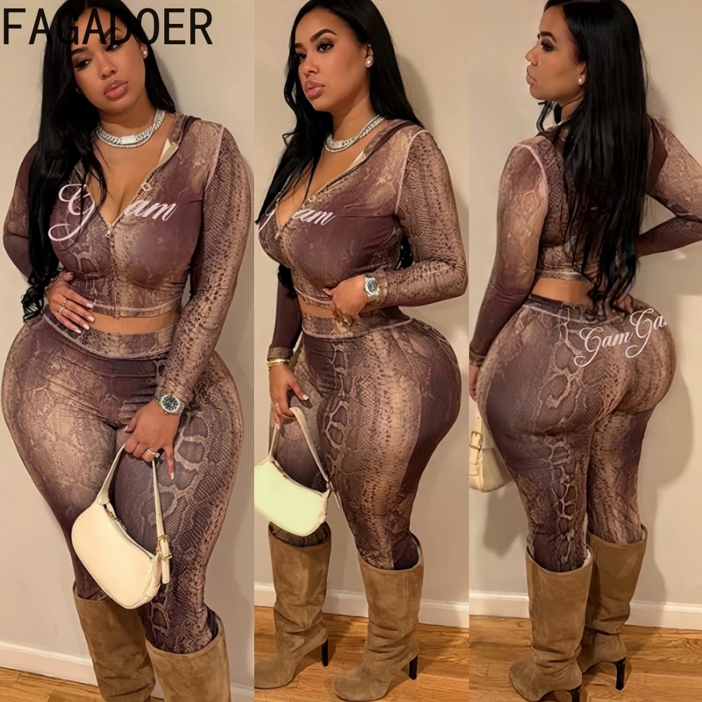 

FAGADOER Sexy Snake Pattern Patchwork Woman 2 Piece Set Outfit Letter Print Long Sleeves Crop Top and Pants Female Streetwear