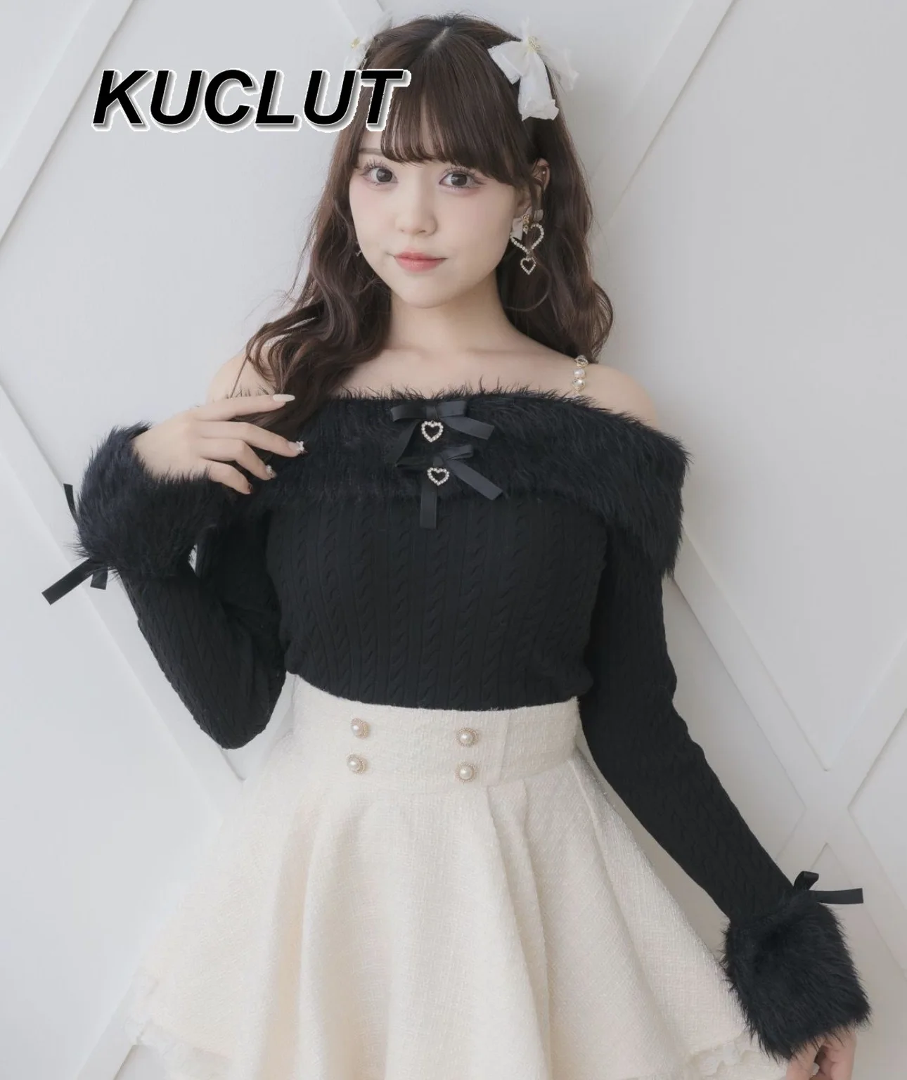 Rojita Style épaules dénudées cravate velours tricot pull haut avec nœud papillon coeur conception automne hiver pull pulls pour les femmes