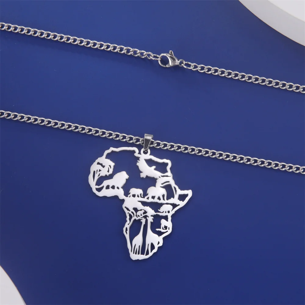 My Shape Afrika Kaart Leeuw Olifant Aap Giraffe Hanger Kettingen Mannen Vrouwen Roestvrij Staal Dier Ketting Ketting Afrikaanse Sieraden