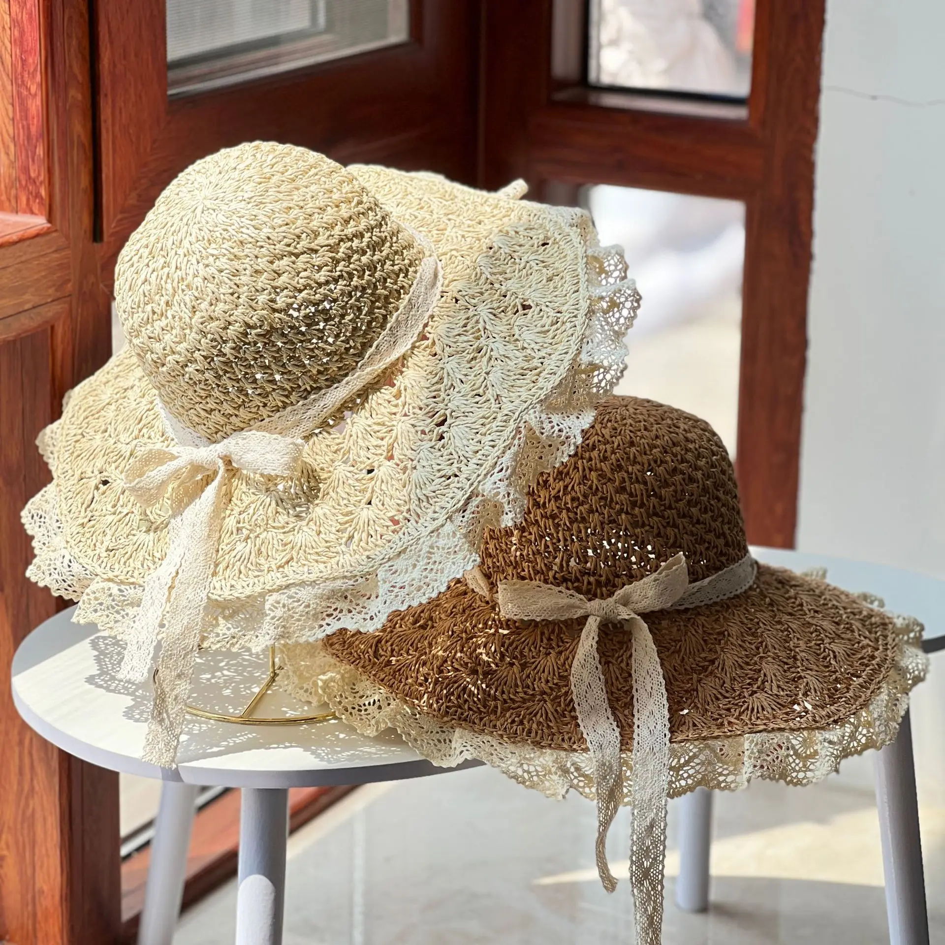 Straw Hat For Women Summer Handmade Weave Hollow Lace Up Anti-UV Beach Cap Foldable Large Brim Panama Bucket Fashion Sun Hat