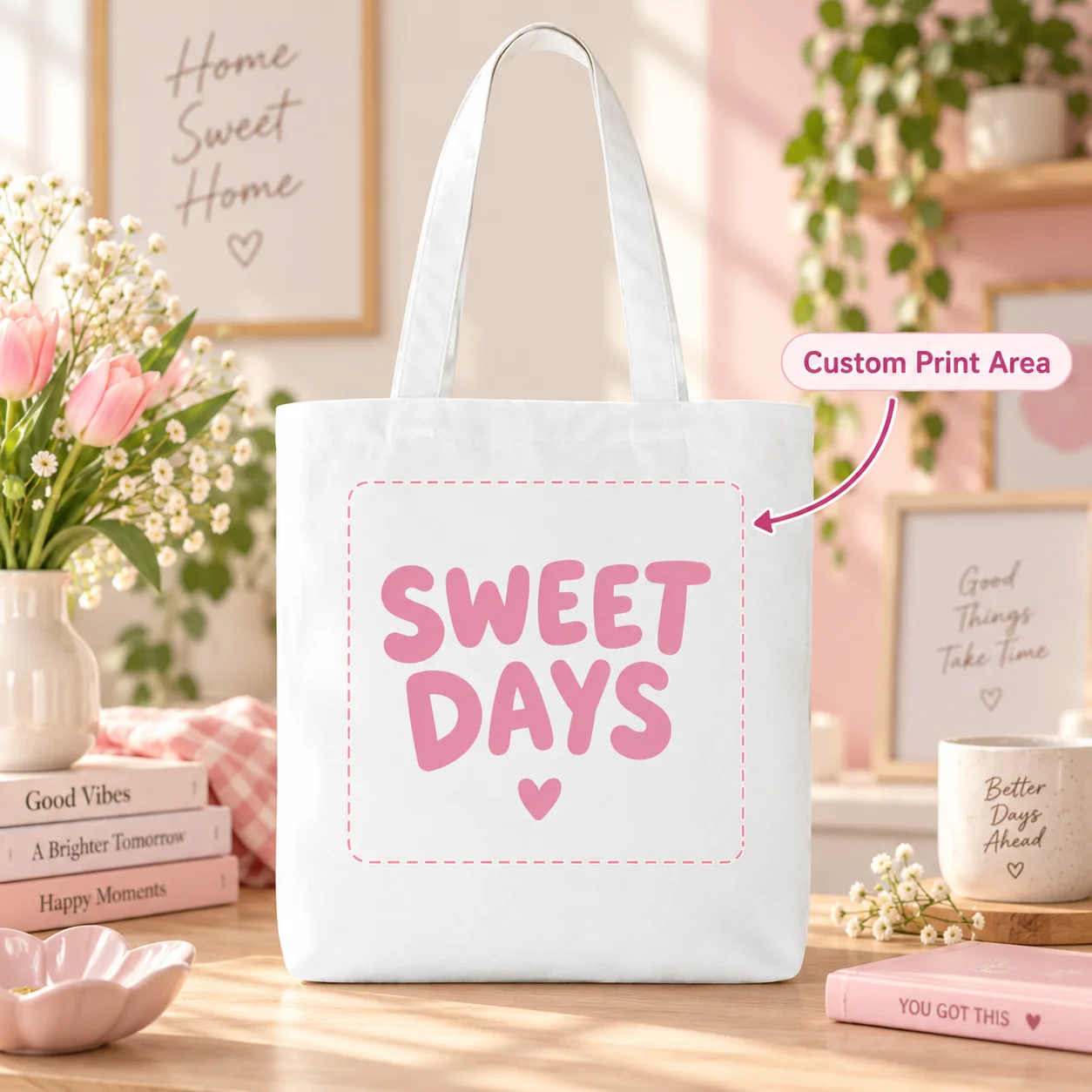 Text Custom White Canvas Tote Bag Partial Double Sided Print Reusable Shopping Bag for Daily Outing Grocery Travel Gym