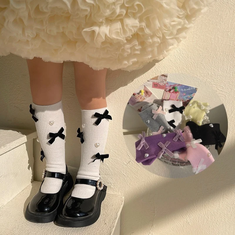 1 Pair Korean Chic Calf Sock for Kids Girl Sweet Fashion Bow Heart Style Sock Spring Soft Cotton School Girl Pile Sock One Size