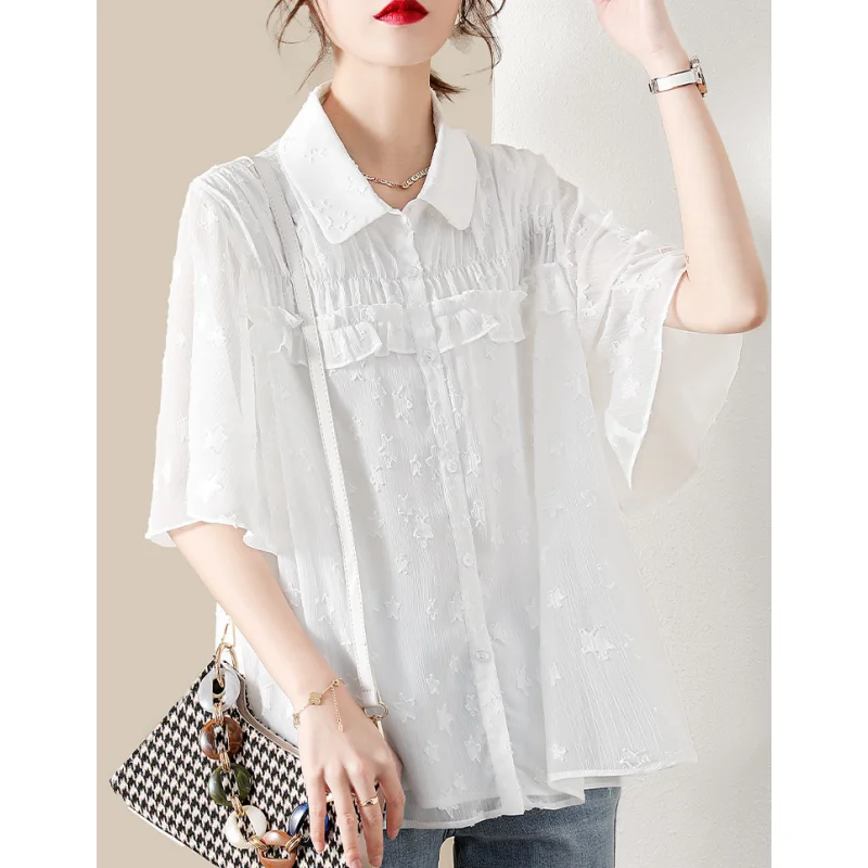 Chiffon Thin Fashion Blouse Summer New Short Sleeve Polo Neck Button All-match Solid Shirt Tops Elegant Office Women Clothing