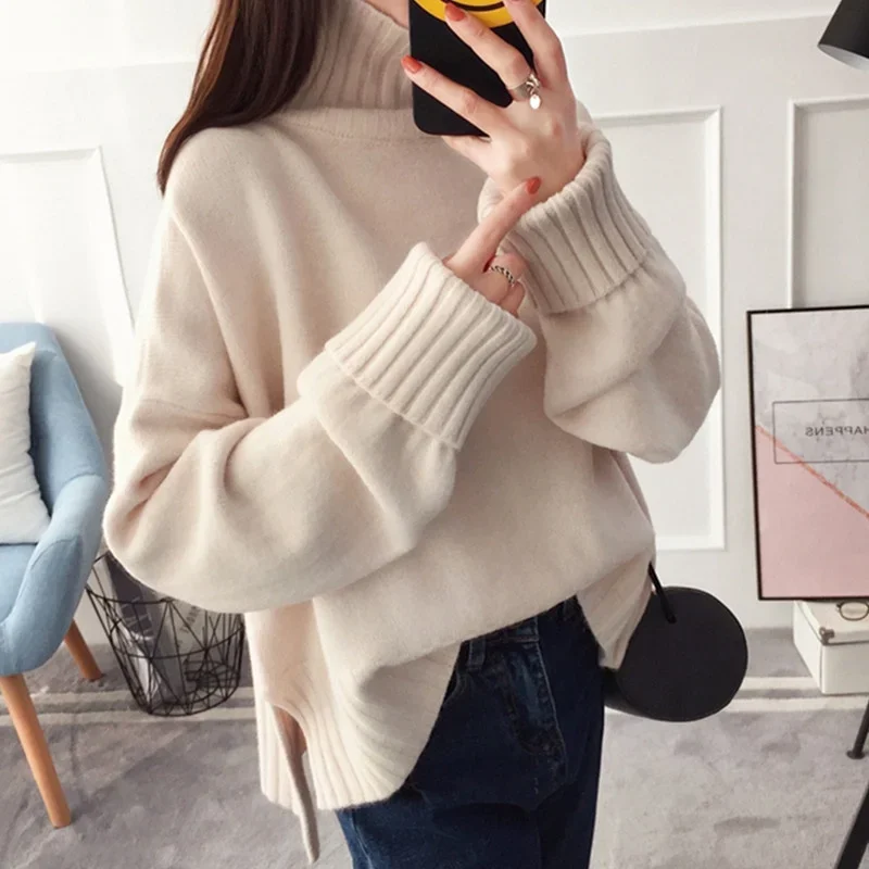 Autumn Women\'s High-Neck knitting Split Sweater Pullover Female Loose Version Thick Warm Sweater Long Sleeves Top Red Clothes