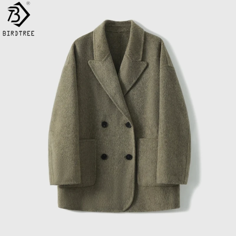Birdtree, 92.2% Sheep Wool Warm Coat, Woman Lapel Full Sleeve Jacket, Double-faced Woolen, 2026 Autumn Winter Overcoat T68933JF