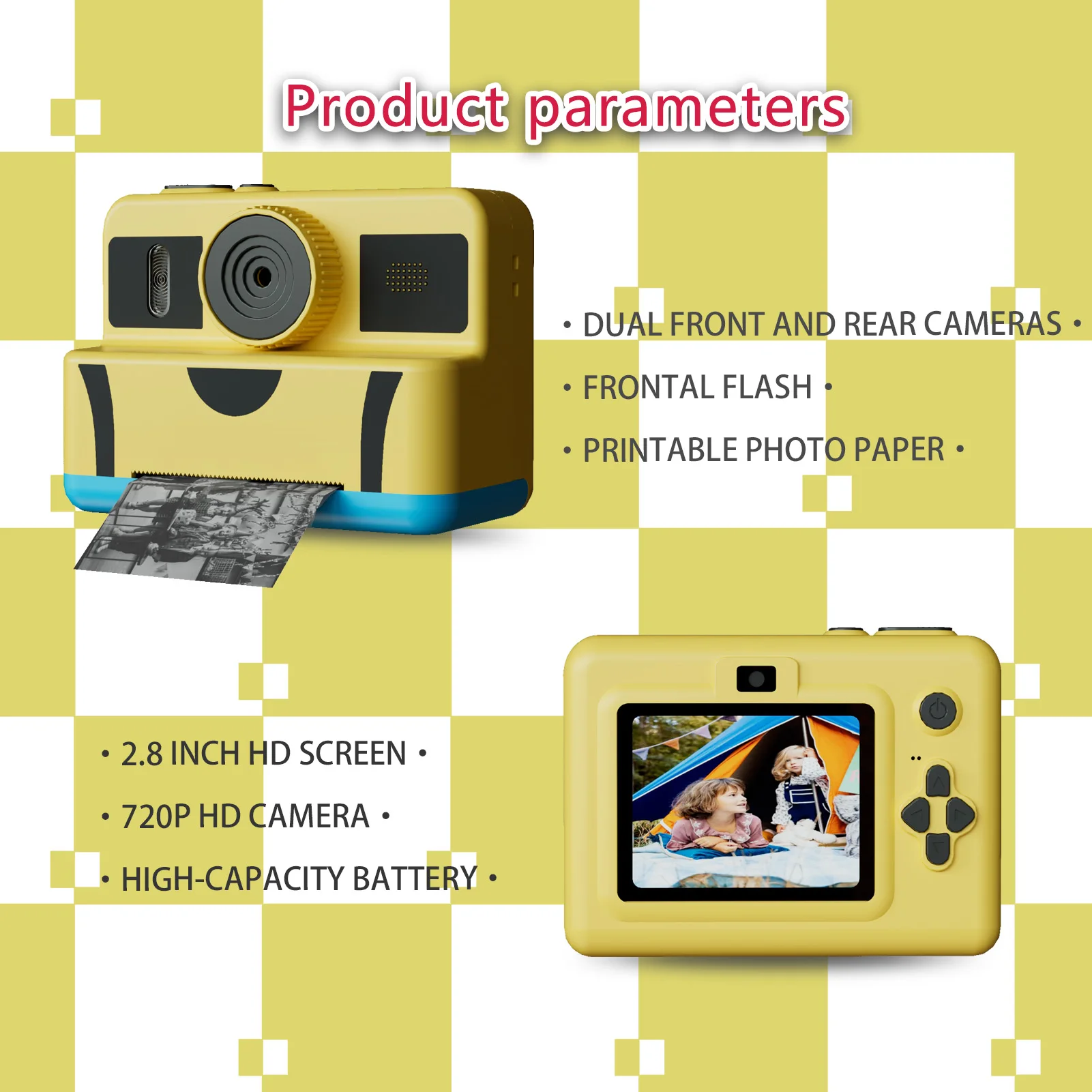 Caméra à impression instantanée pour enfants Convient aux filles et aux garçons âgés de 4 ans et plus, avec une caméra à double objectif avec une mémoire de 32 Go