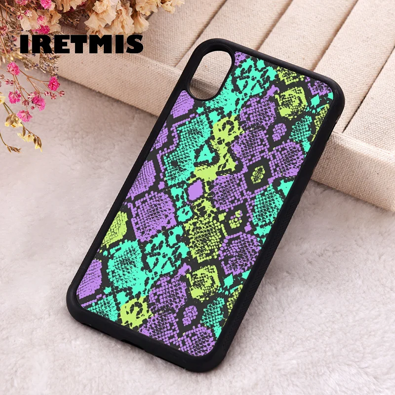 Iretmis Phone Cover Case For iPhone X XS Max XR 11 12 13 PRO MINI 14 15 16 Plus Rubber Silicone Colourful Snake Skin