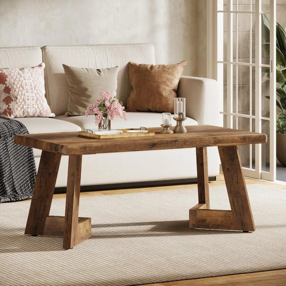 طاولة القهوة، طاولة مركزية للمزرعة بأرجل على شكل حرف V، 47.2 × 23.6 بوصة طاولات غرفة المعيشة المستطيلة، سهلة التجميع، روس #4