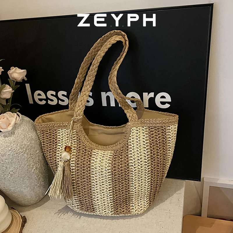 

Zeyph Hand Woven Striped Beach Bag For Women Spring Summer 2025 New Shoulder Bag Large Capacity Tote